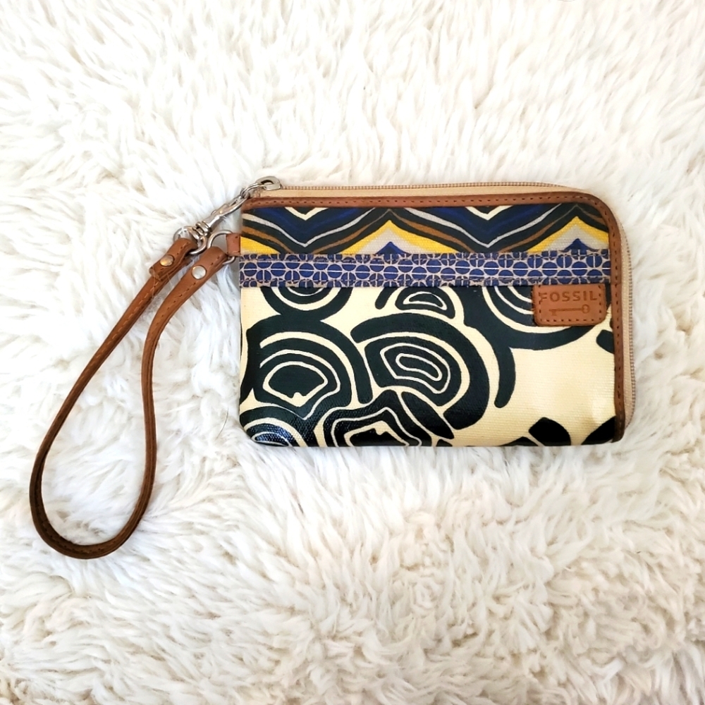 Fossil Womens Wallet Artsy Leather Zip Up Card Wallet Abstract
